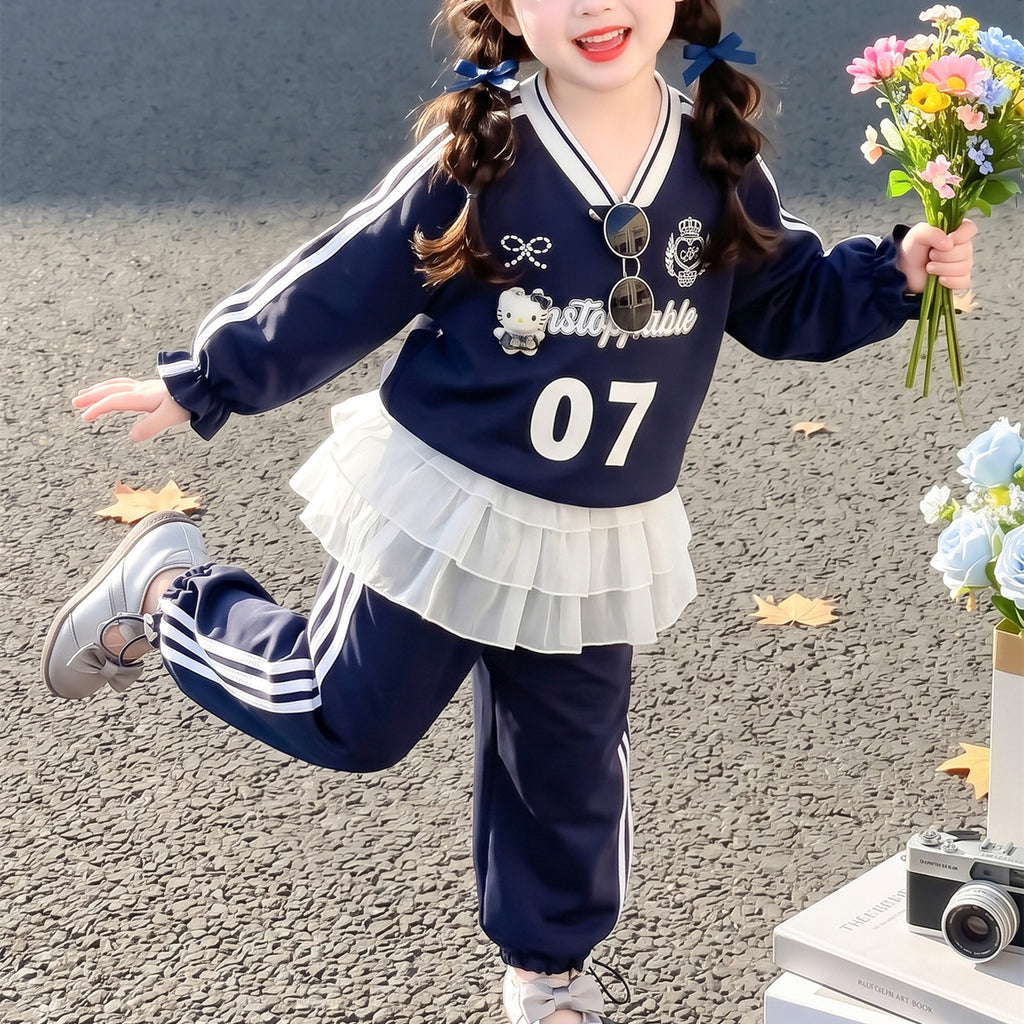 Modern Chic All-Season Casual Sporty Autumn 2-Piece Girls' Pants Suit, Ages 2-9 | Color: Navy | Image 3