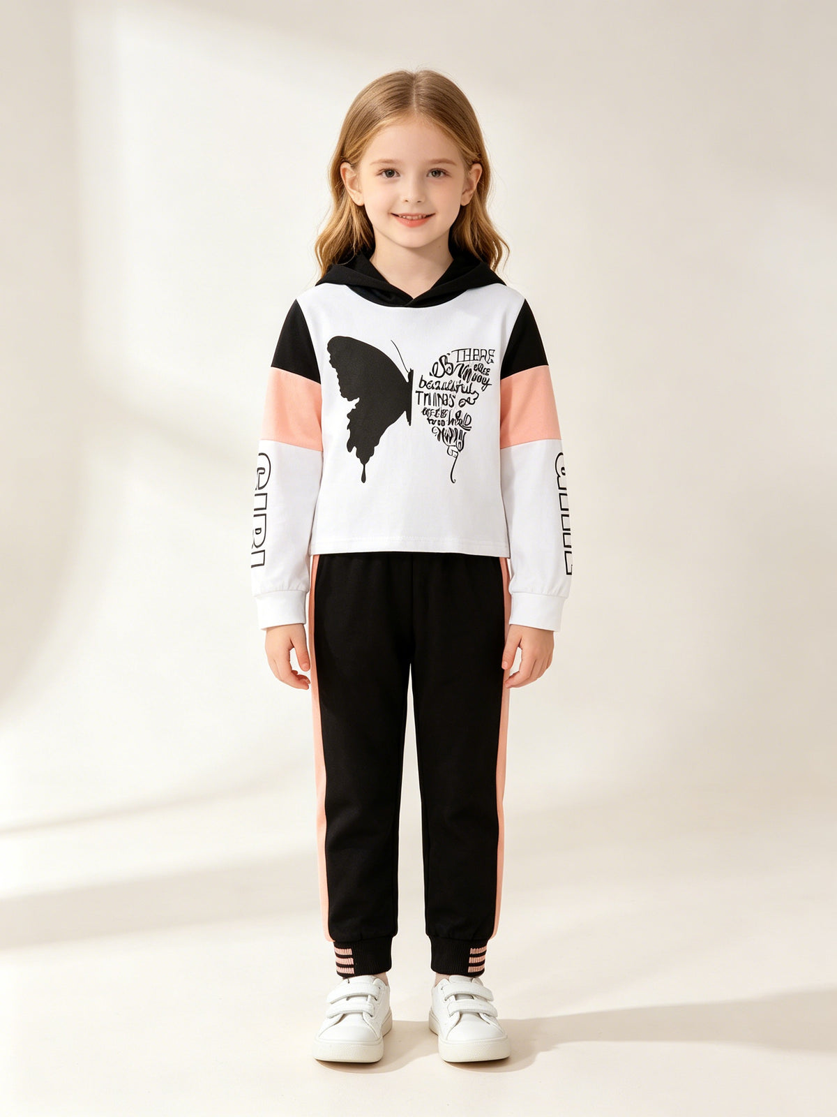 Casual Sporty Autumn 2-Piece Girls' Pants Suit, Ages 2-14 | Color: White | Image 1