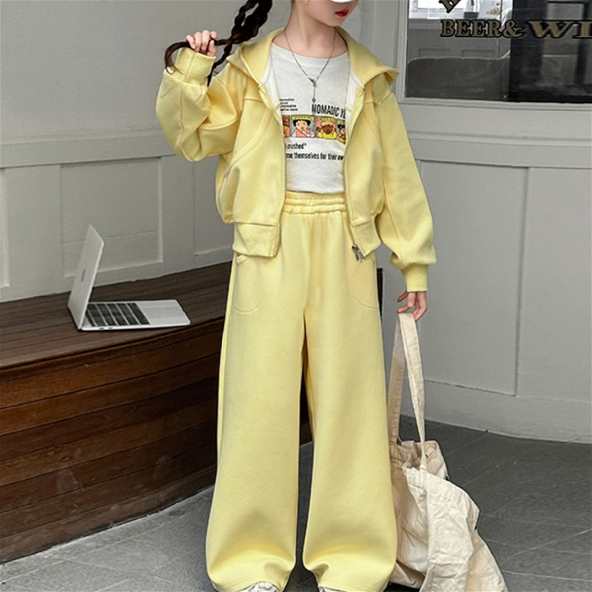 Casual Sporty Autumn 2-Piece Girls' Pants Suit, Ages 4-14 | Color: Yellow | Image 2