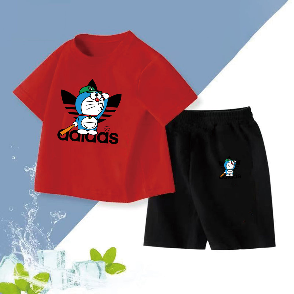 Modern Chic All-Season Minimalist Summer 2-Piece Unisex Kids' Pants Suit, Ages 2-7 | Color: Red | Image 1