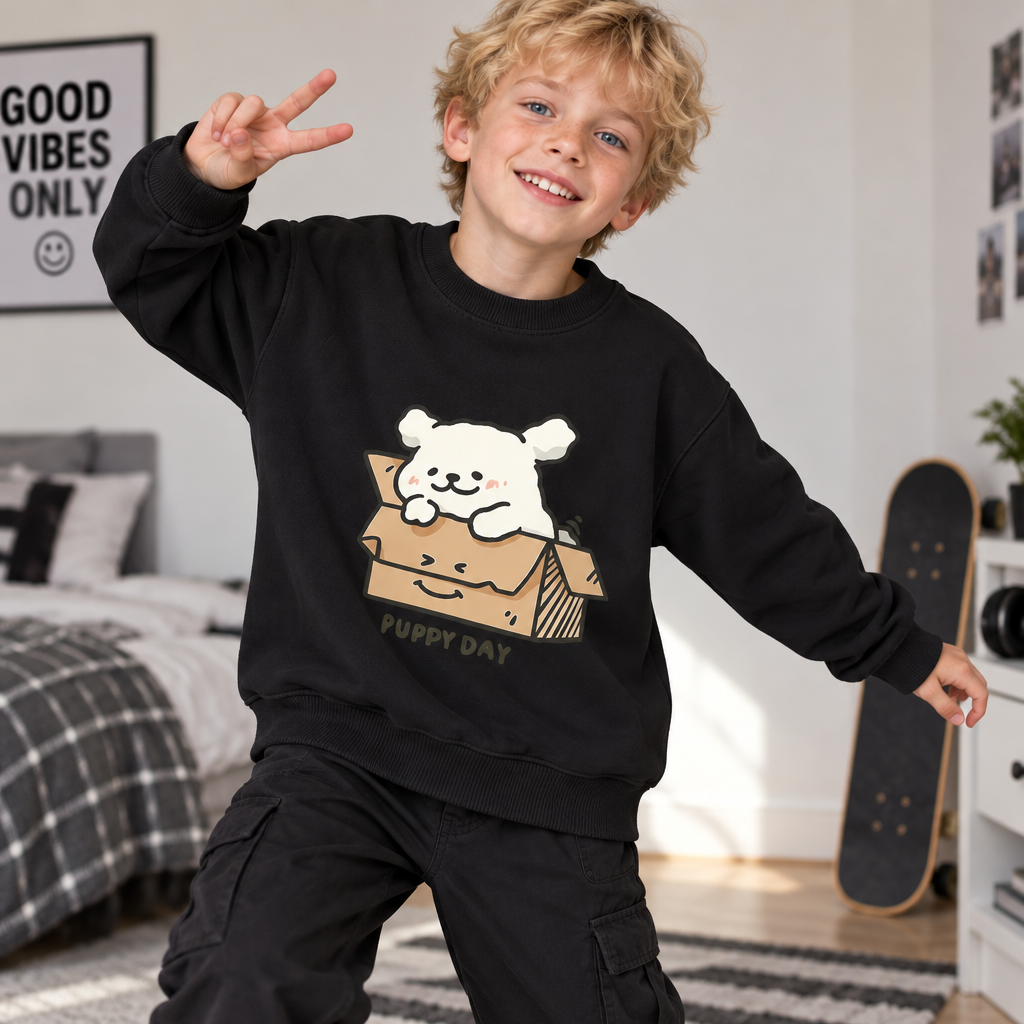 Modern Chic All-Season Casual Sporty Autumn Unisex Kids' Sweatshirt, Ages 2-14 | Color: Black | Image 3