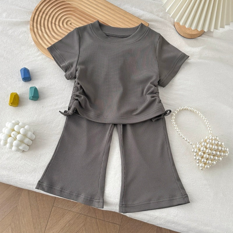 Minimalist Autumn 2-Piece Girls' Pants Suit, Ages 2-9 | Color: Dark Grey | Image 1