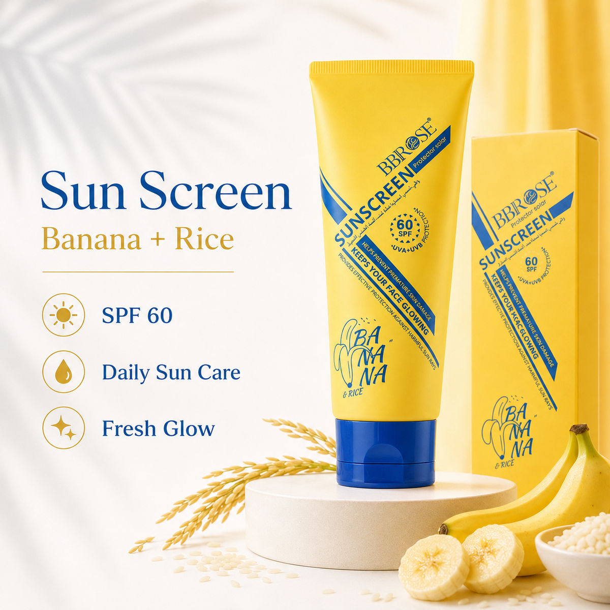 Sunscreen Cream with Banana & Rice – SPF 60 UVA/UVB Protection & Brightening Moisturizer 100 ML
