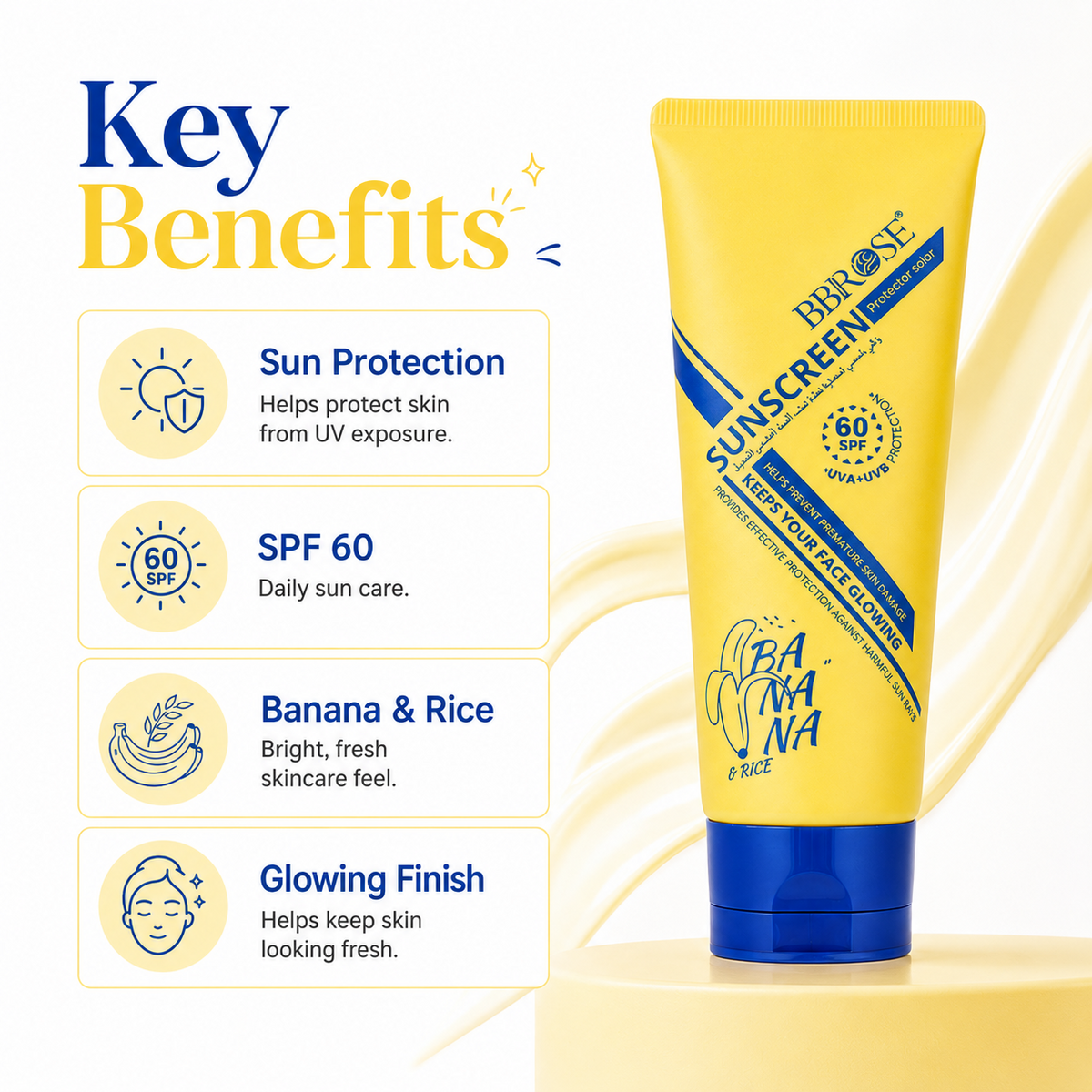 Sunscreen Cream with Banana & Rice – SPF 60 UVA/UVB Protection & Brightening Moisturizer 100 ML