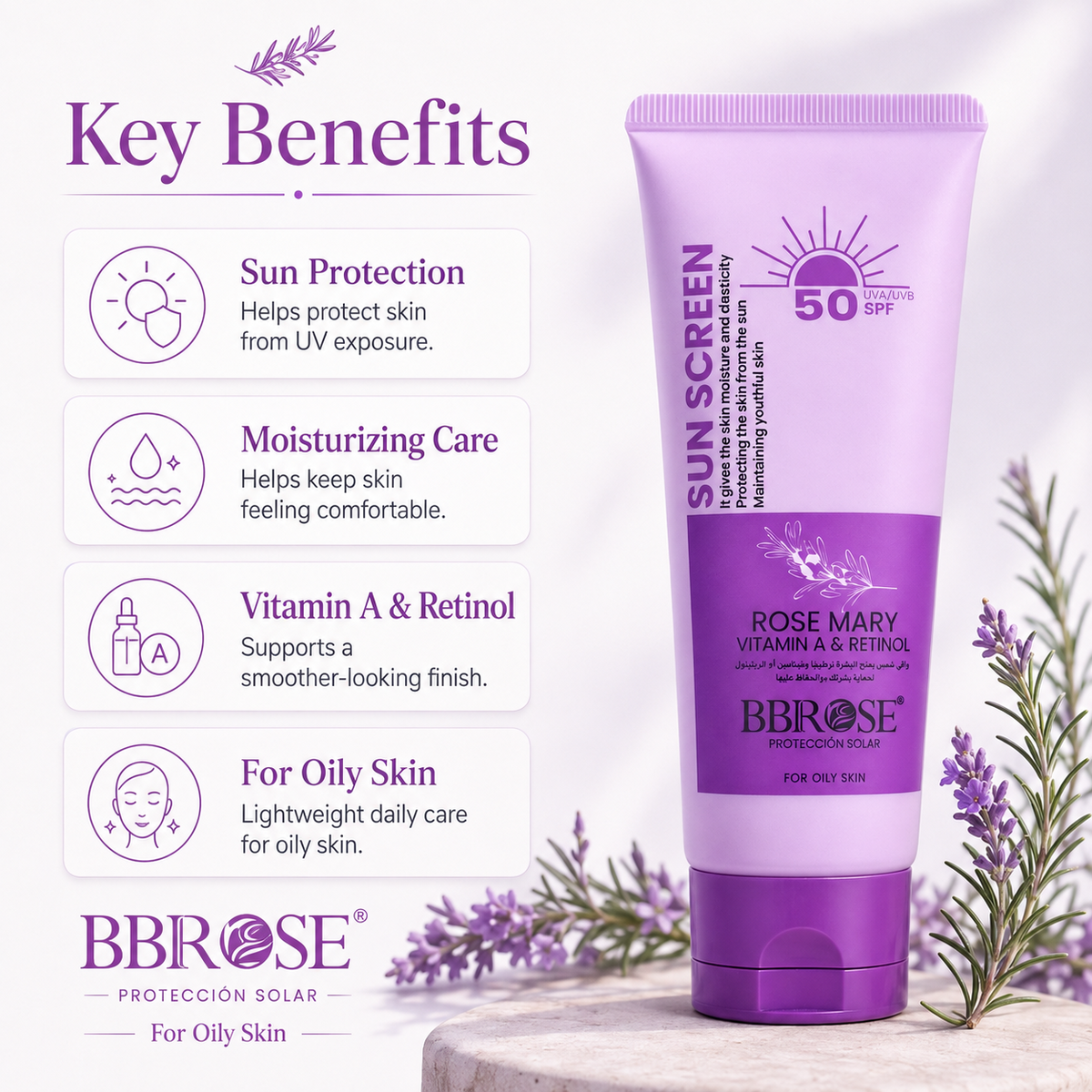 Rosemary, Vitamin A & Retinol Sunscreen SPF 50 – UVA/UVB Protection for Oily Skin