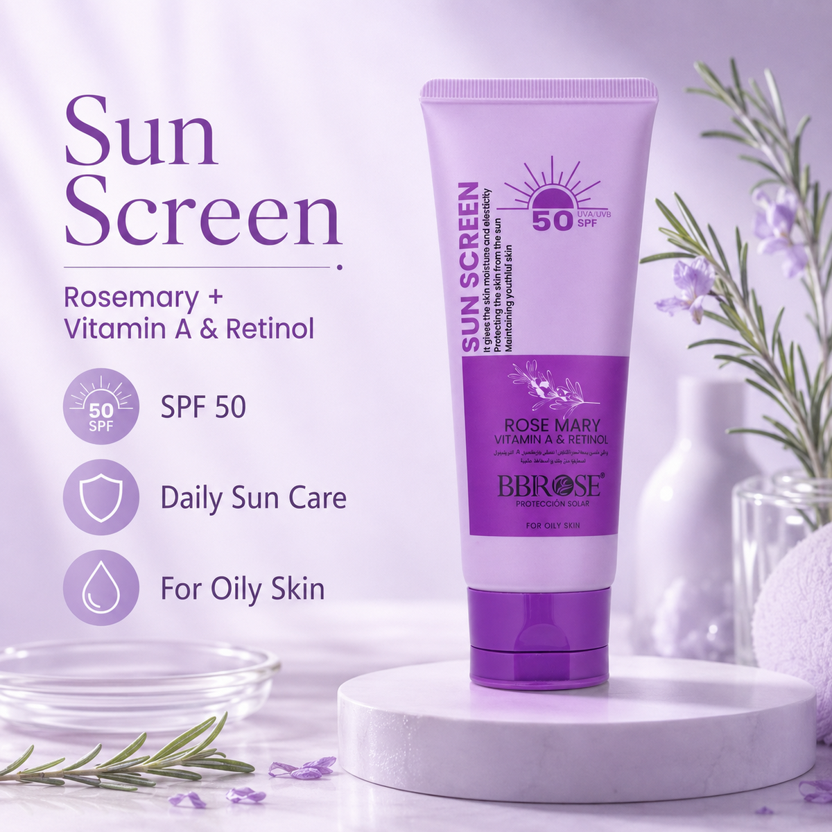 Rosemary, Vitamin A & Retinol Sunscreen SPF 50 – UVA/UVB Protection for Oily Skin