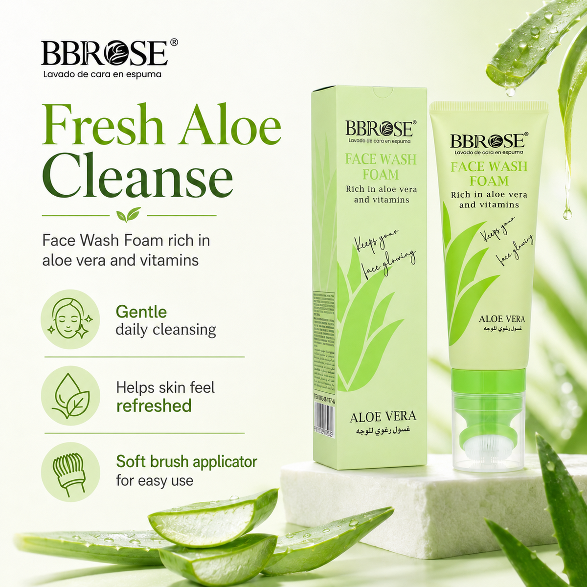 BBROSE Aloe Vera & Vitamins Face Wash Foam with Cleansing Brush