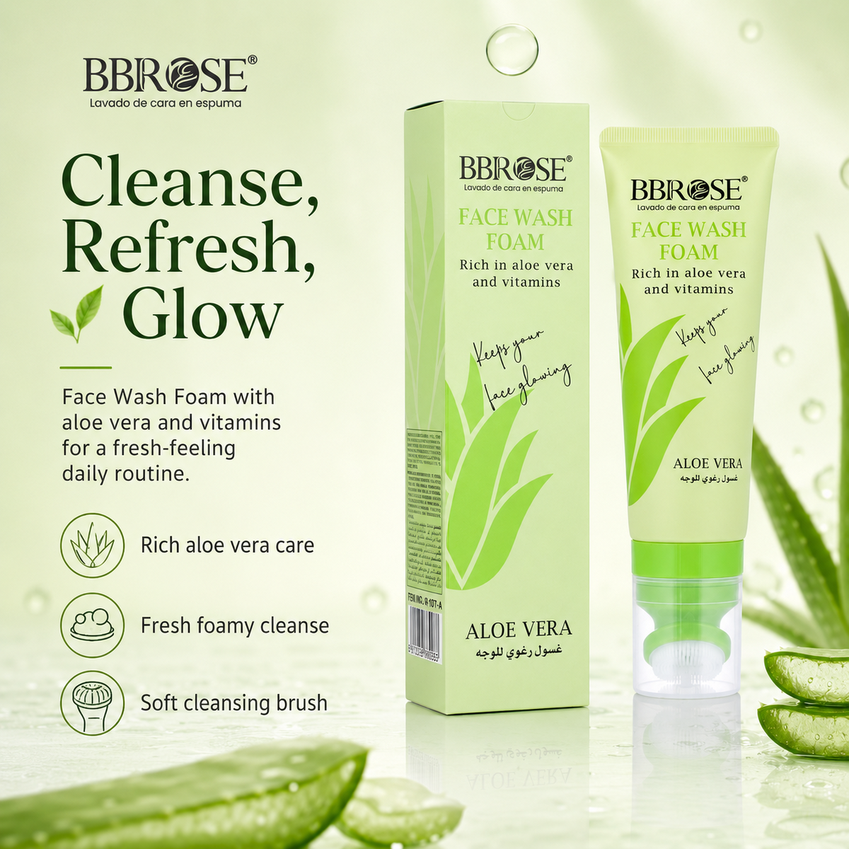 BBROSE Aloe Vera & Vitamins Face Wash Foam with Cleansing Brush