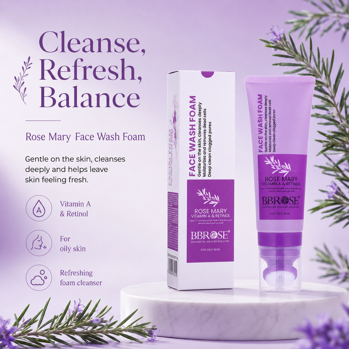 BBROSE Rosemary, Vitamin A & Retinol Face Wash Foam with Cleansing Brush