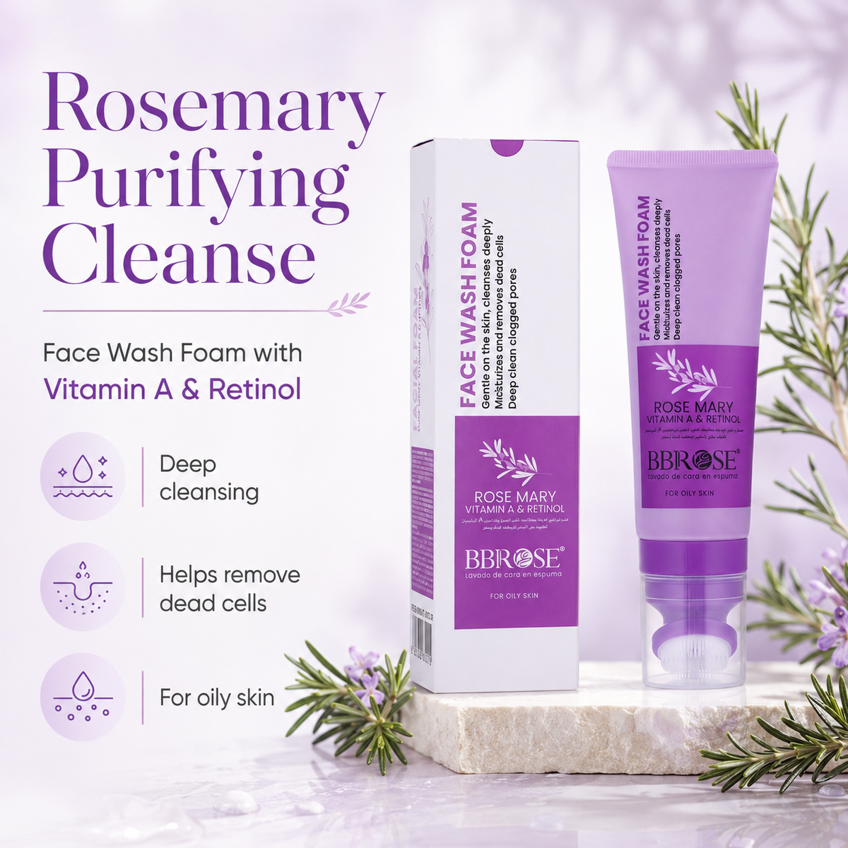 BBROSE Rosemary, Vitamin A & Retinol Face Wash Foam with Cleansing Brush