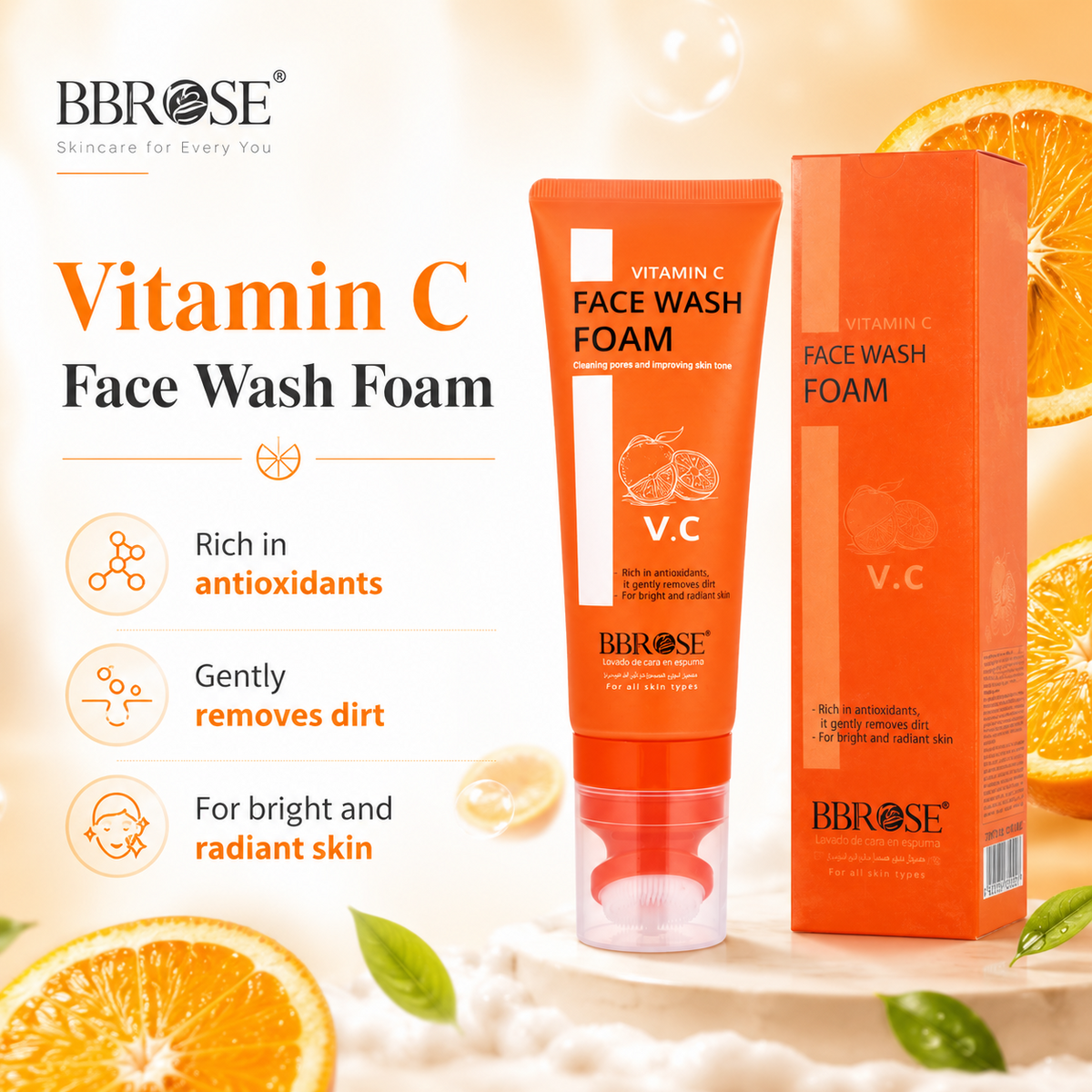 Vitamin C Face Wash Foam (120ml) | Brightening & Hydrating Cleanser | Deep Cleansing & Refreshing Formula for All Skin Types | Gentle, Vegan & Paraben-Free Skincare