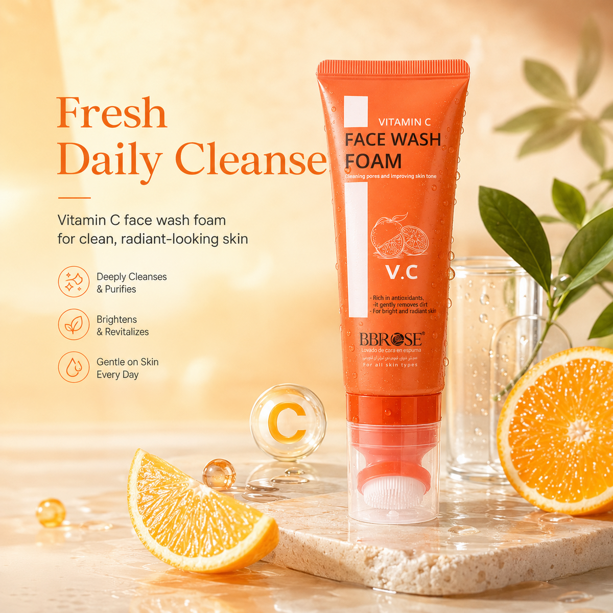Vitamin C Face Wash Foam (120ml) | Brightening & Hydrating Cleanser | Deep Cleansing & Refreshing Formula for All Skin Types | Gentle, Vegan & Paraben-Free Skincare