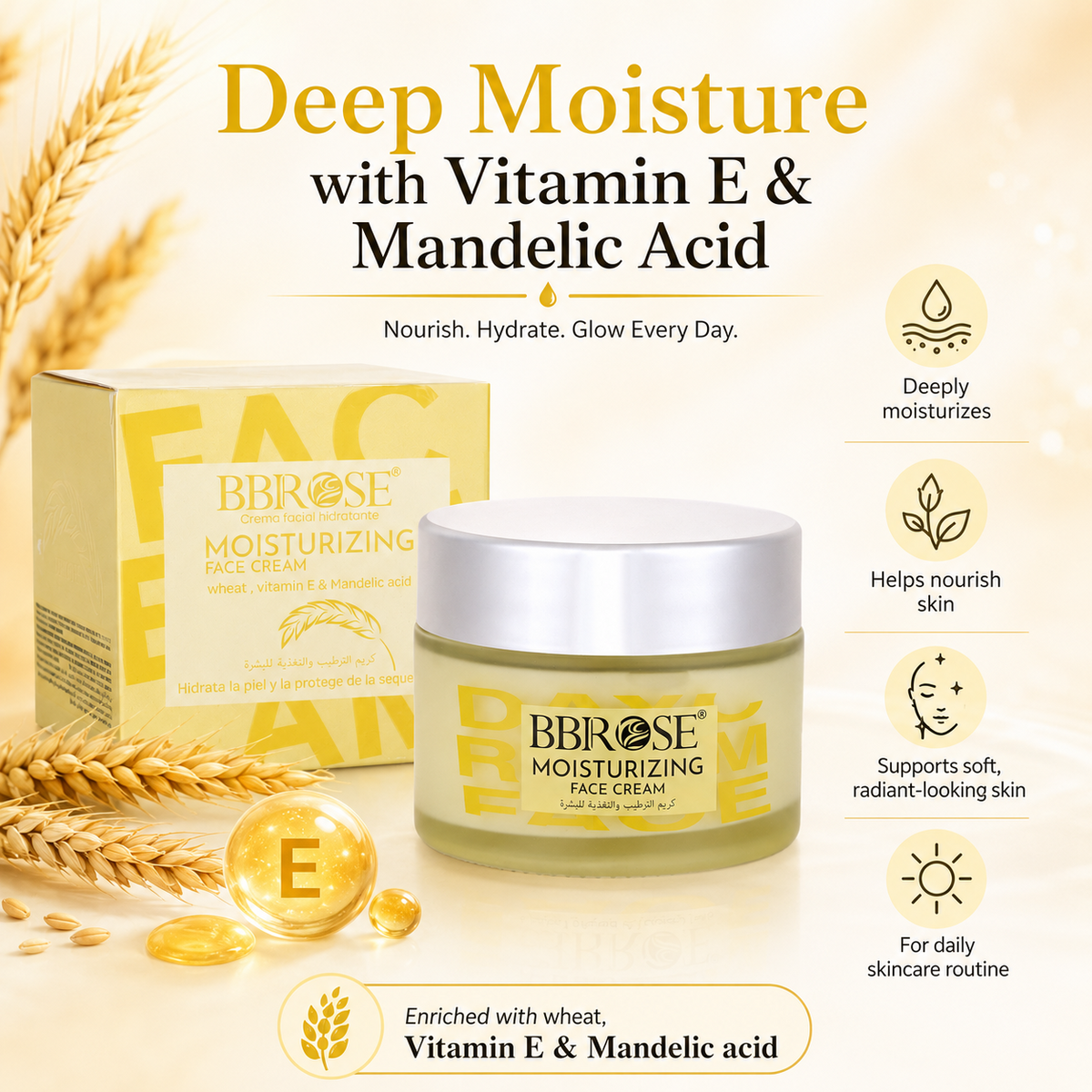 Wheat, Vitamin E & Mandelic Acid Moisturizing Face Cream – Hydrating and Nourishing Facial Cream