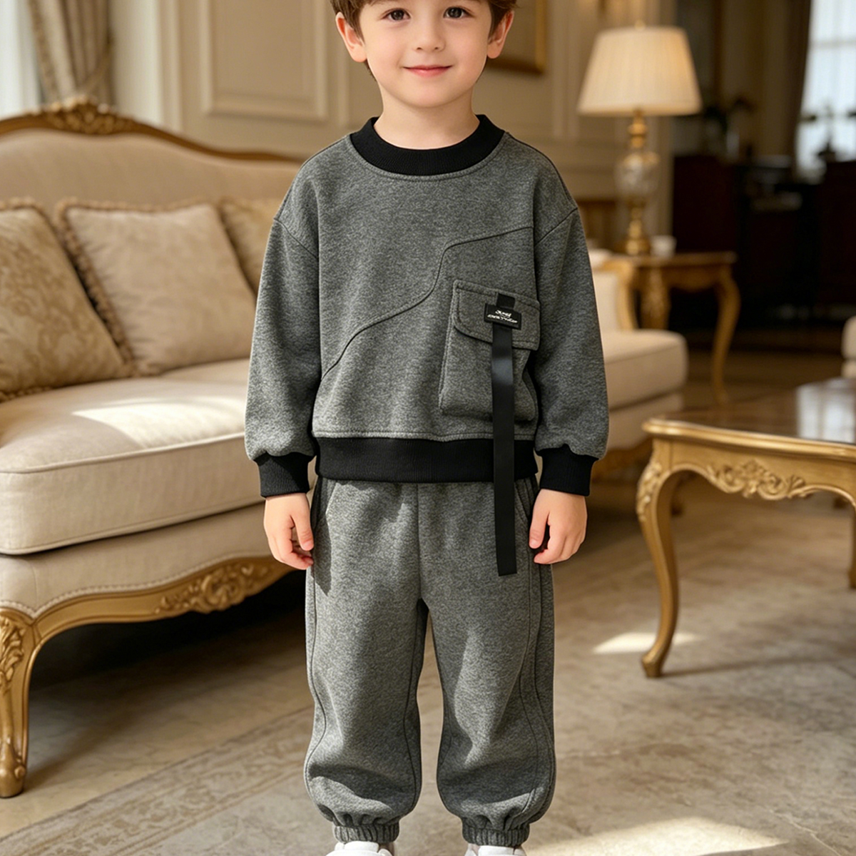 Modern Chic All-Season Casual Sporty Autumn 2-Piece Boys' Pants Suit, Ages 2-9 | Color: Dark Grey | Image 1