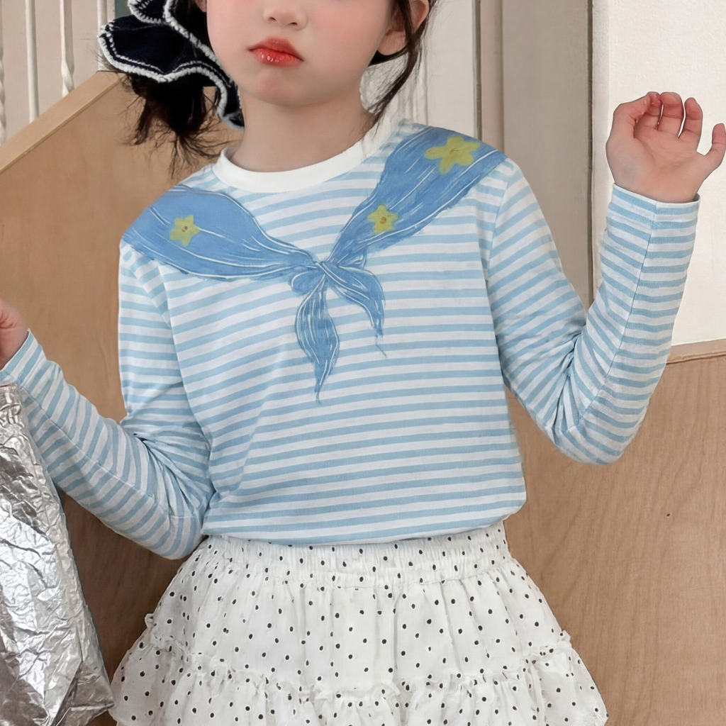 Modern Chic All-Season Minimalist Spring Girls' T-Shirt, Ages 3-14 | Color: Blue | Image 1