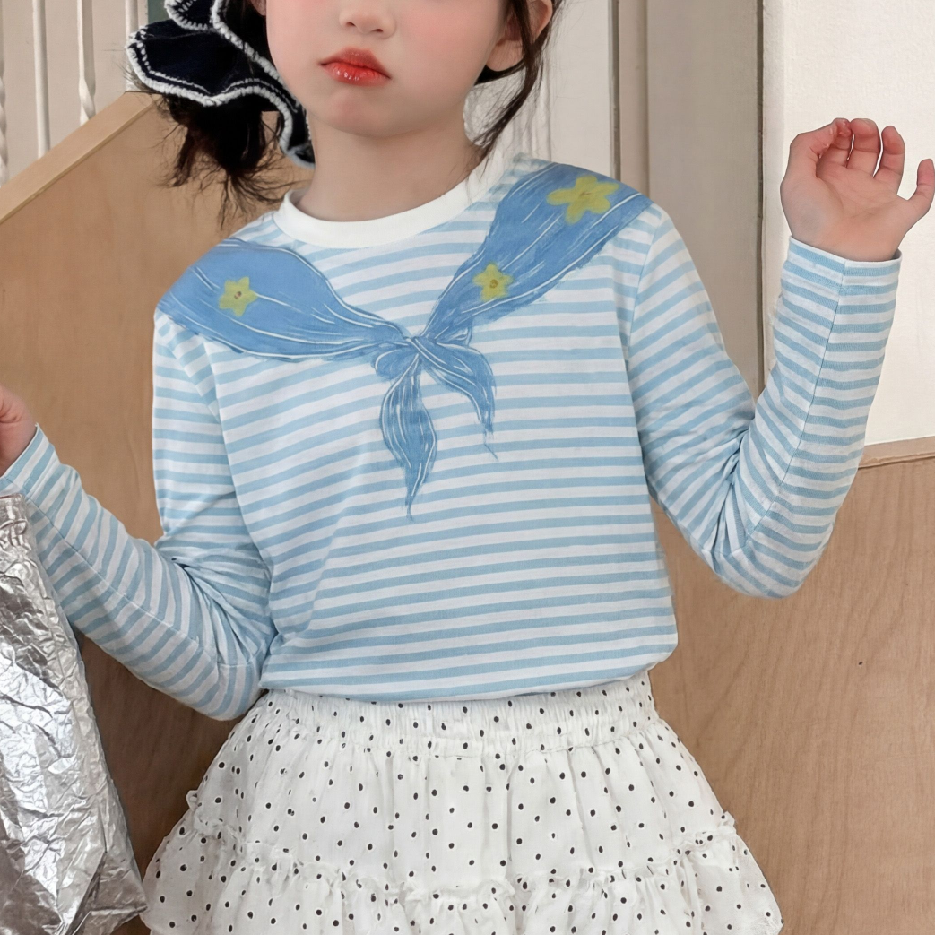 Modern Chic All-Season Minimalist Spring Girls' T-Shirt, Ages 3-14 | Color: Blue | Image 1