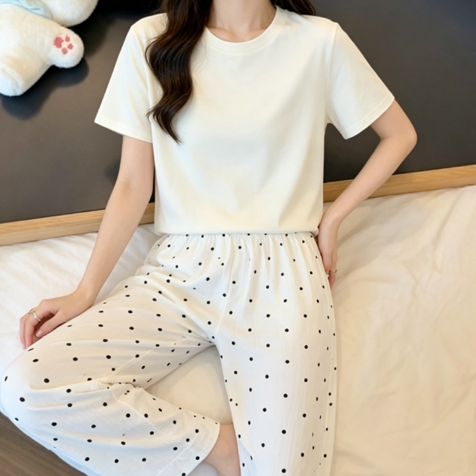 Minimalist Summer 2 Pcs Women 's Short  Sleeve Sleep Set | Color: Style 2 | Image 2