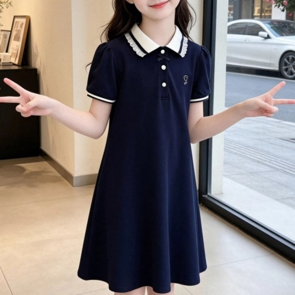 Minimalist Summer Girls' Tee Dress, Ages 4-14 | Color: Navy | Image 3