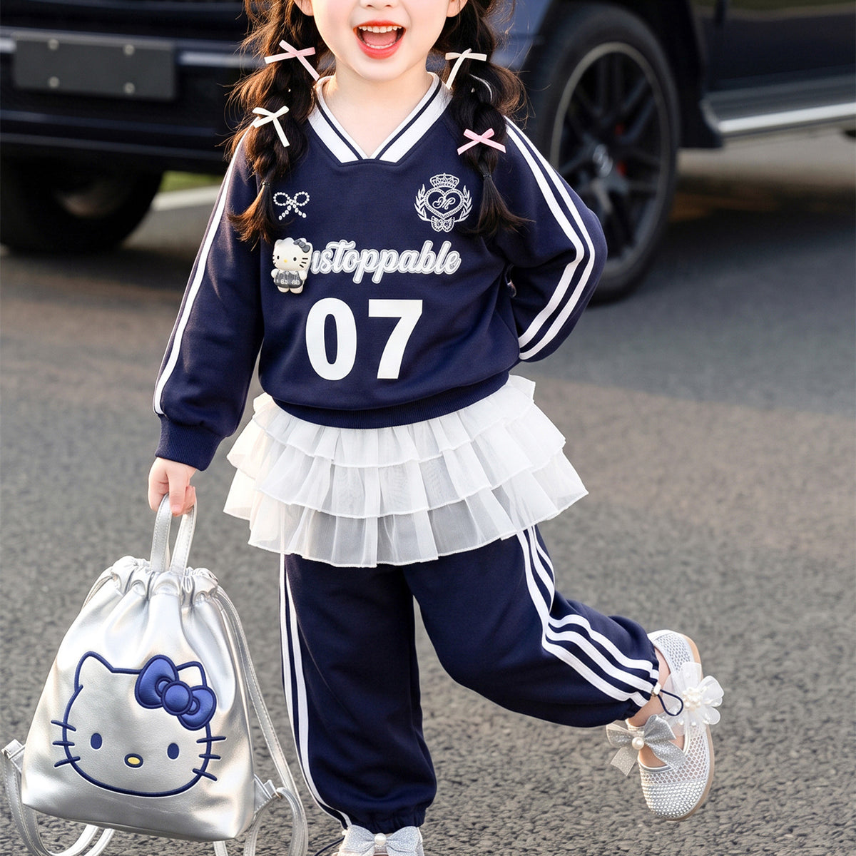 Modern Chic All-Season Casual Sporty Autumn 2-Piece Girls' Pants Suit, Ages 2-9 | Color: Navy | Image 1