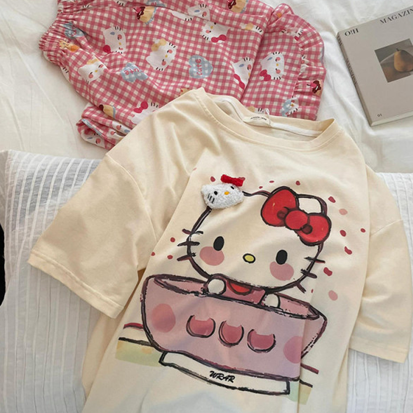 Modern Chic All-Season Sweet Feminine Summer 2 Pcs Women 's Short  Sleeve Sleep Set | Color: Style 1 | Image 3
