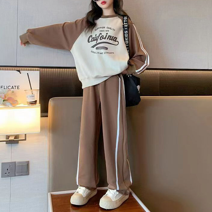 Modern Chic All-Season Casual Sporty Autumn 2-Piece Girls' Pants Suit, Ages 4-14 | Color: Coffee | Image 1