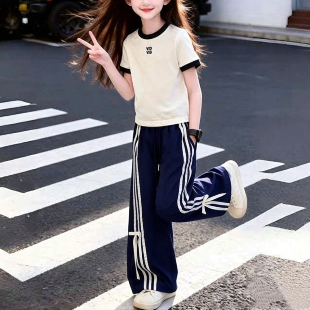 Modern Chic All-Season Casual Sporty Summer 2-Piece Girls' Pants Suit, Ages 4-14 | Color: White | Image 3