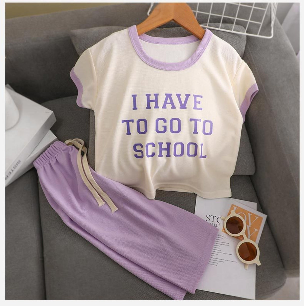Modern Chic All-Season Minimalist Summer 2-Piece Girls' Pants Suit, Ages 2-9 | Color: Purple | Image 1