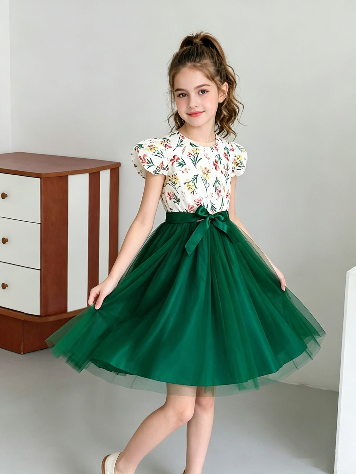 Sweet & Cute Summer Girls' A-Line Dress, Ages 8-12 | Color: Green | Image 3
