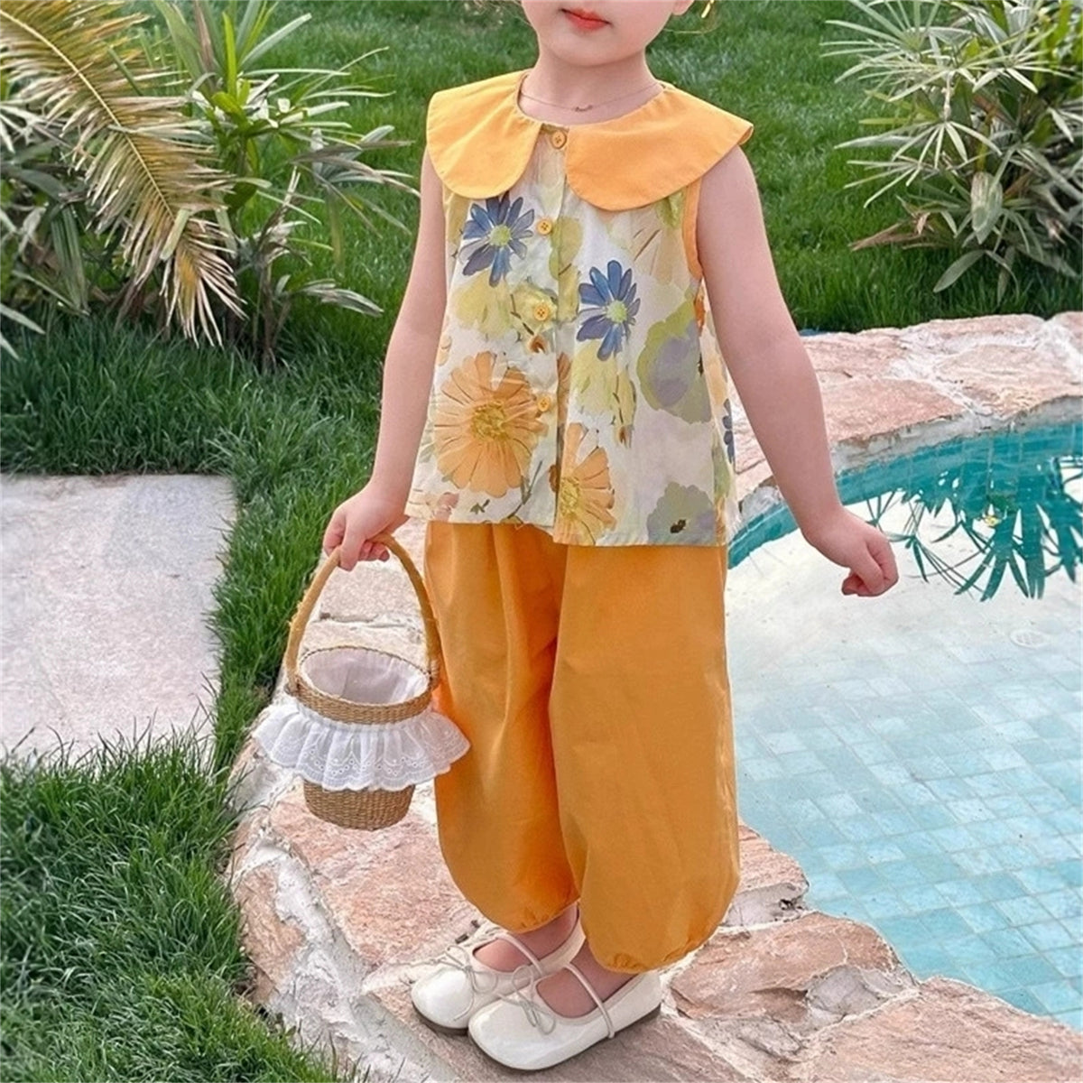 Sweet & Cute Summer 2-Piece Girls' Pants Suit, Ages 2-9 | Color: Yellow | Image 2