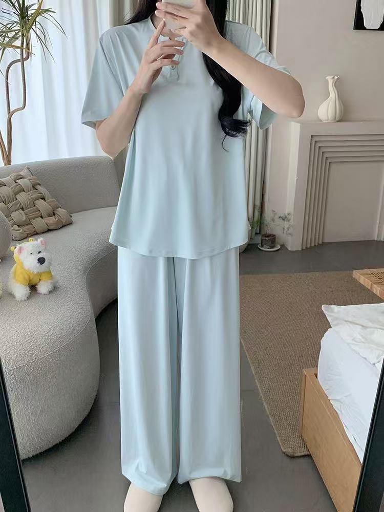 Minimalist Summer 2 Pcs Women 's Short  Sleeve Sleep Set | Color: Light Blue | Image 1