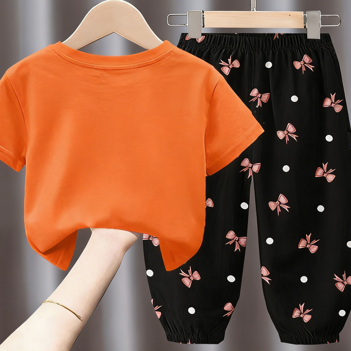Minimalist Summer 2-Piece Unisex Kids' Pants Suit, Ages 2-7 | Color: Orange | Image 3
