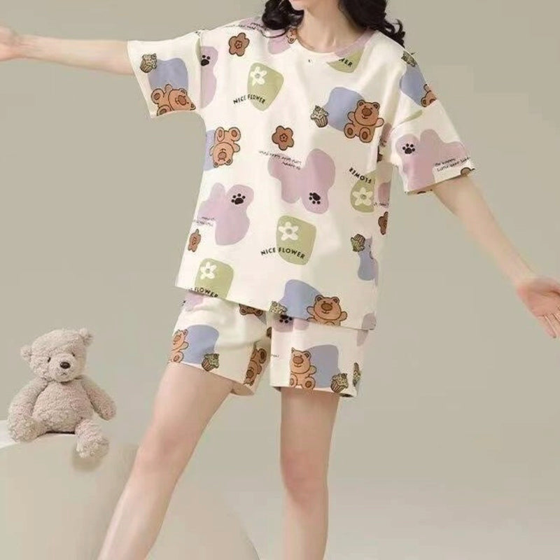 All-Season Sweet & Cute Summer 2 Pcs Women 's Short  Sleeve Sleep Set | Color: White | Image 1