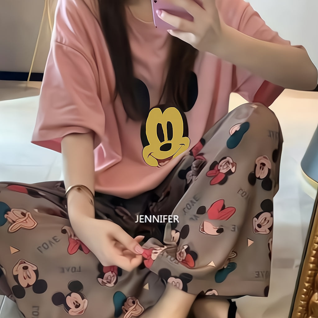 Modern Chic All-Season Sweet Feminine Summer 2 Pcs Women 's Short  Sleeve Sleep Set | Color: Style 1 | Image 2