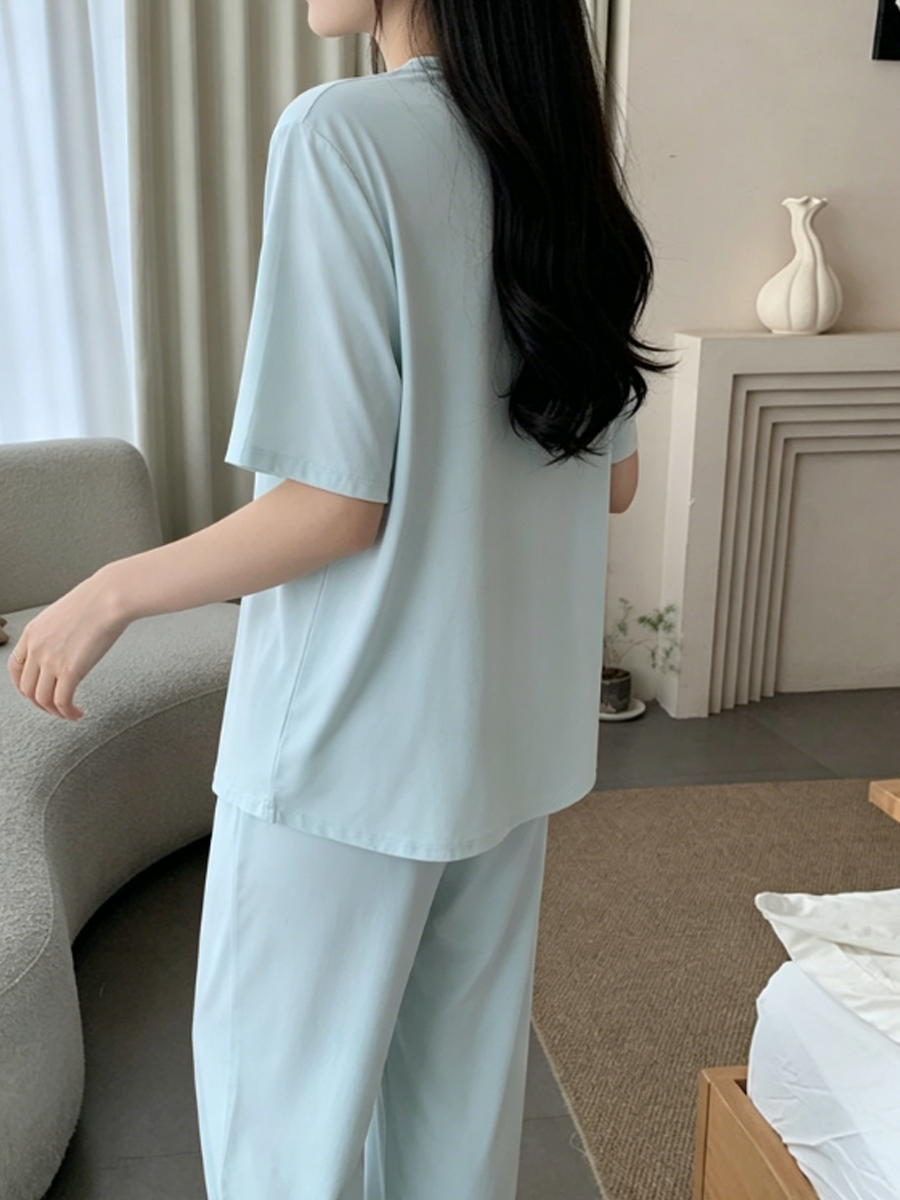 Minimalist Summer 2 Pcs Women 's Short  Sleeve Sleep Set | Color: Style 2 | Image 2
