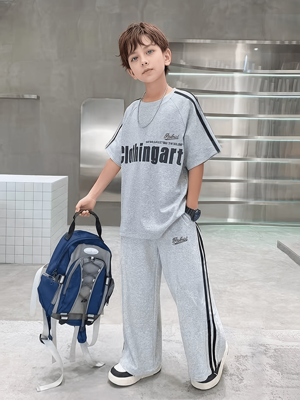 Modern Chic All-Season Casual Sporty Summer 2-Piece Boys' Pants Suit, Ages 4-14 | Color: Grey | Image 1