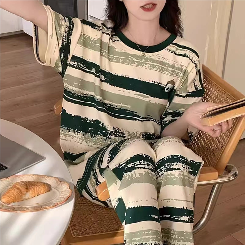 Sweet Feminine Summer 2 Pcs Women 's Short  Sleeve Sleep Set | Color: Style 1 | Image 1