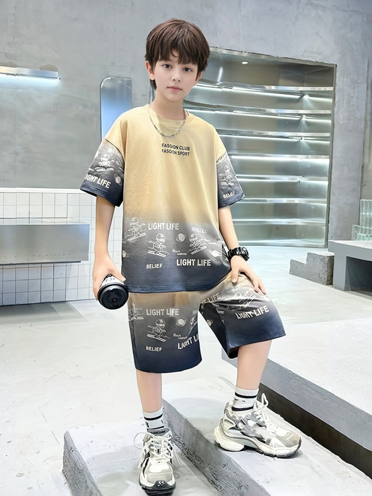 Casual Sporty Summer 2-Piece Boys' Pants Suit, Ages 6-14 | Color: Khaki | Image 3