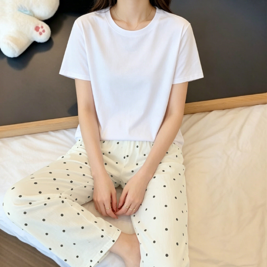 Minimalist Summer 2 Pcs Women 's Short  Sleeve Sleep Set | Color: Style 3 | Image 2