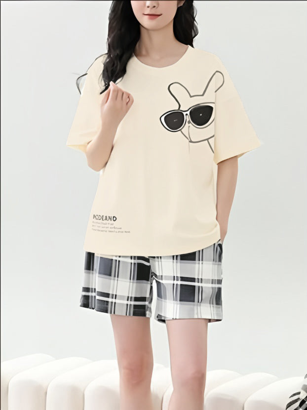 Sweet Feminine Summer 2 Pcs Women 's Short  Sleeve Couple Pajamas | Color: Style 1 | Image 2