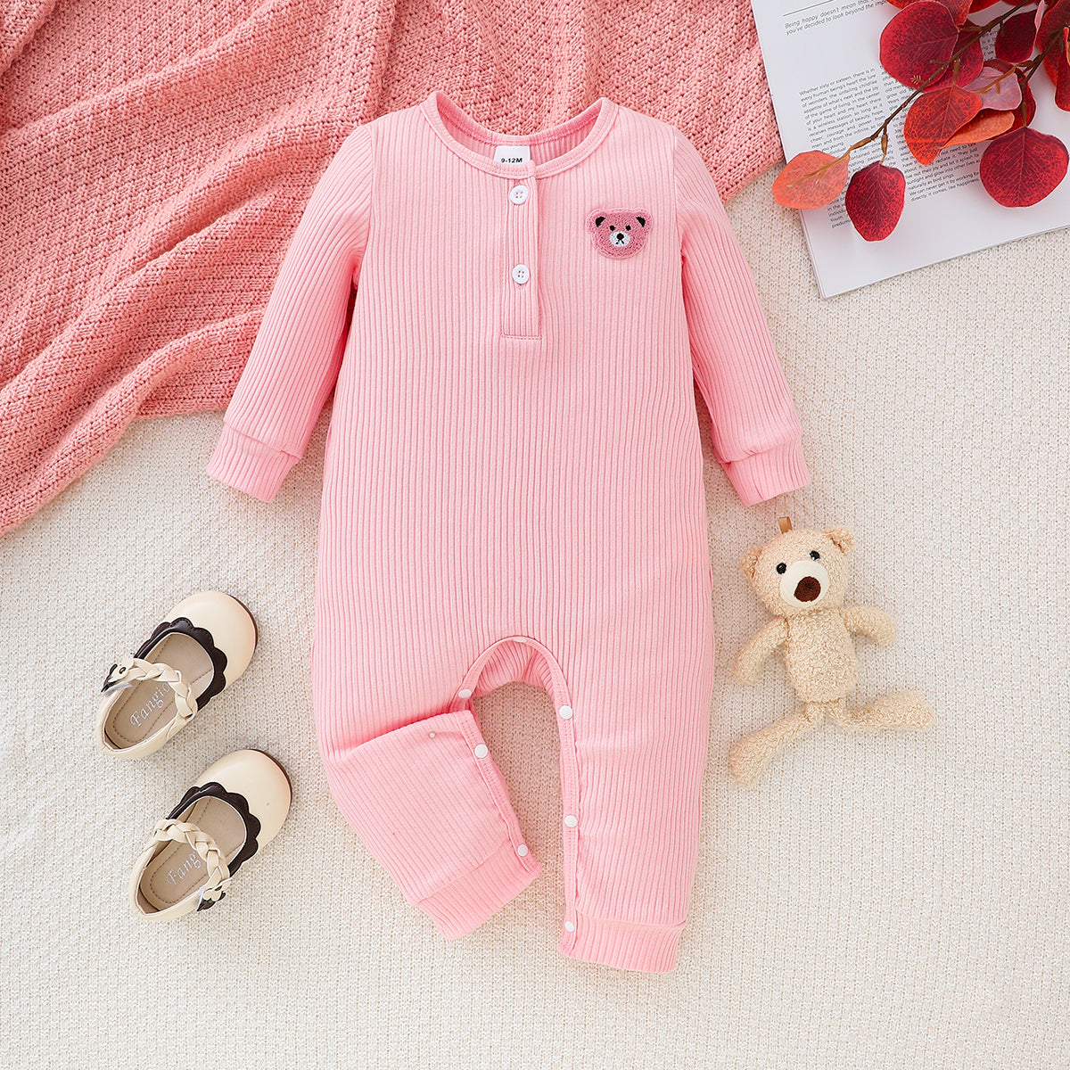 Minimalist Autumn Unisex Baby Jumpsuit, Ages 0-6 Months | Color: Pink | Image 1
