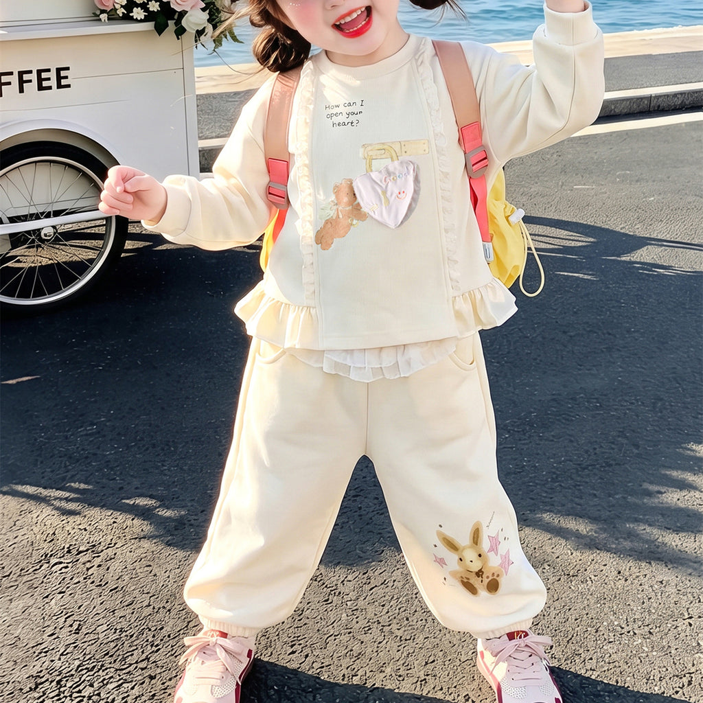 Sweet & Cute Autumn 2-Piece Girls' Pants Suit, Ages 2-9 | Color: Beige | Image 1