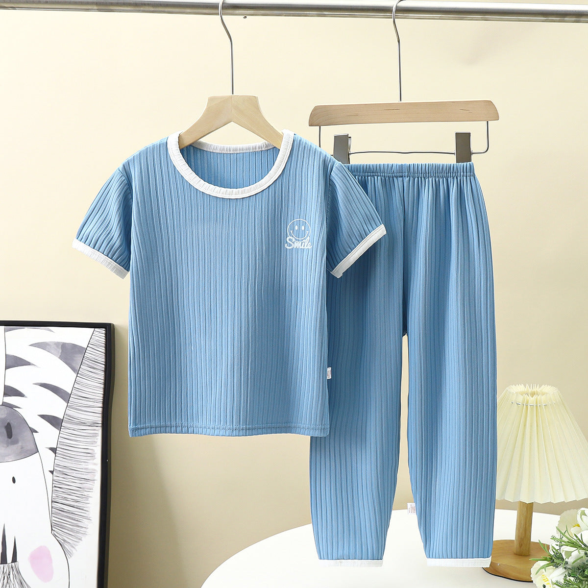 Minimalist Summer 2-Piece Unisex Kids' Pants Suit, Ages 2-9 | Color: Blue | Image 1