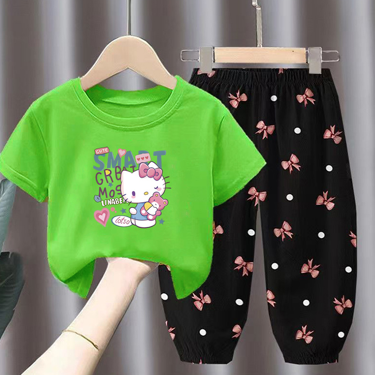 Modern Chic All-Season Minimalist Summer 2-Piece Girls' Pants Suit, Ages 2-9 | Color: Green | Image 1