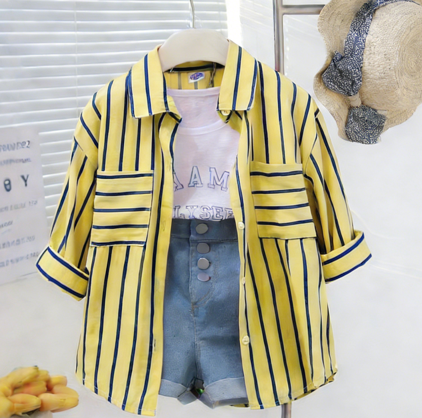 Casual Sporty Summer 3-Piece Girls' Pants Suit, Ages 2-9 | Color: Yellow | Image 1