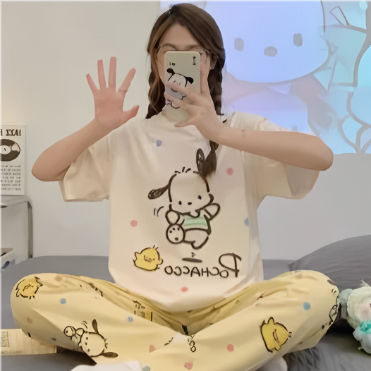 Modern Chic All-Season Sweet Feminine Summer 2 Pcs Women 's Short  Sleeve Sleep Set | Color: Style 3 | Image 1