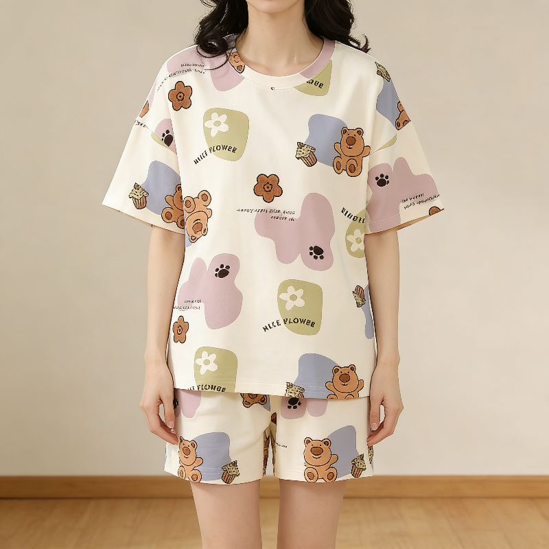 All-Season Sweet & Cute Summer 2 Pcs Women 's Short  Sleeve Sleep Set | Color: White | Image 3