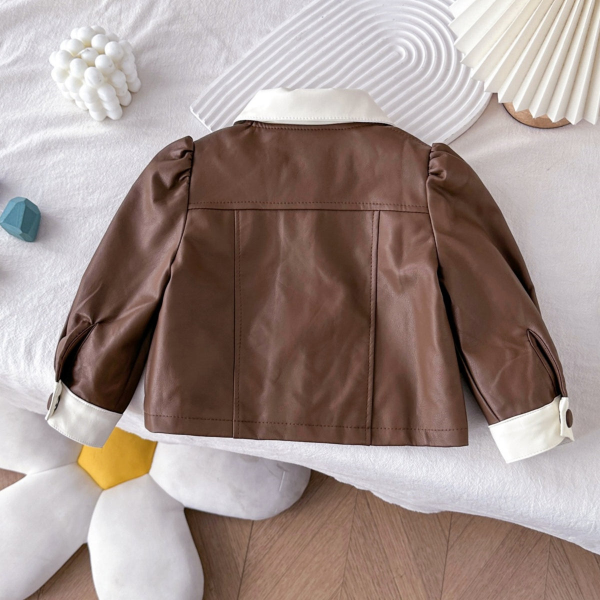 Modern Chic All-Season Casual Sporty Spring Girls' Leather Jacket, Ages 2-7 | Color: Brown | Image 3