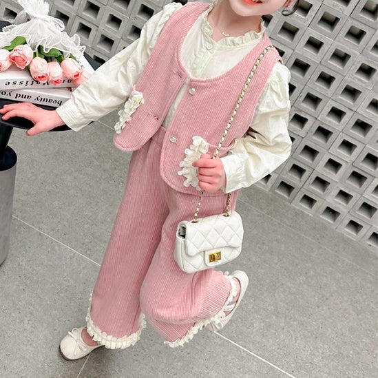 Sweet & Cute Autumn 3-Piece Girls' Pants Suit, Ages 2-9 | Color: Pink | Image 1