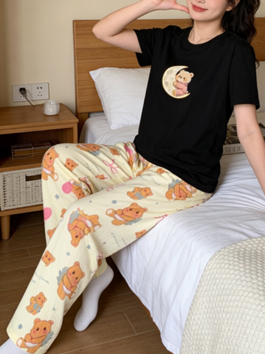Sweet Feminine Summer 2 Pcs Women 's Short  Sleeve Sleep Set | Color: Style 2 | Image 2