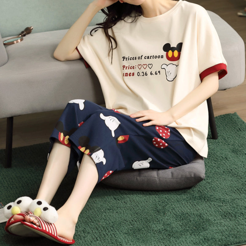 Minimalist Summer 2 Pcs Women 's Short  Sleeve Sleep Set | Color: Ivory | Image 2